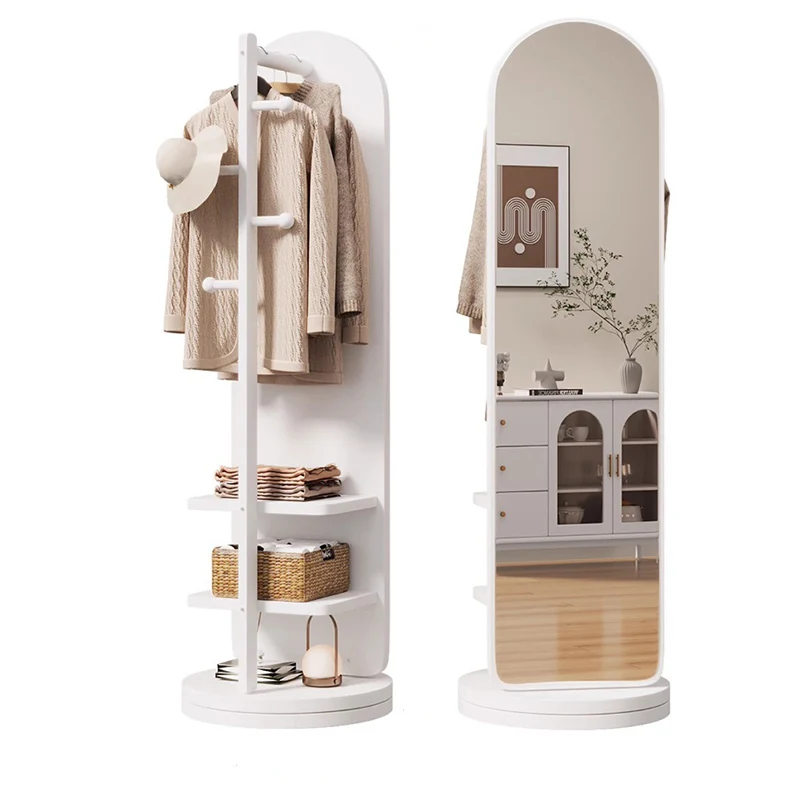Modern Minimalist MDF Glass Arched Swivel Hall Tree 3-Tier Full-Length Mirror Storage For Bedroom & Living Room