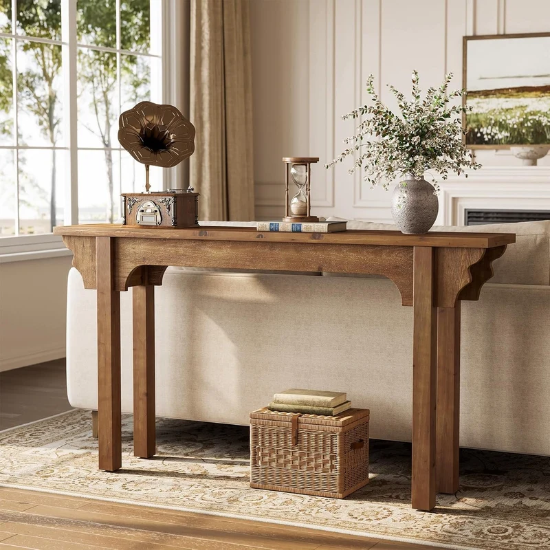 Console en bois massif au design latéral unique, Table d'entrée rustique pour salon, couloir ou hall d'entrée