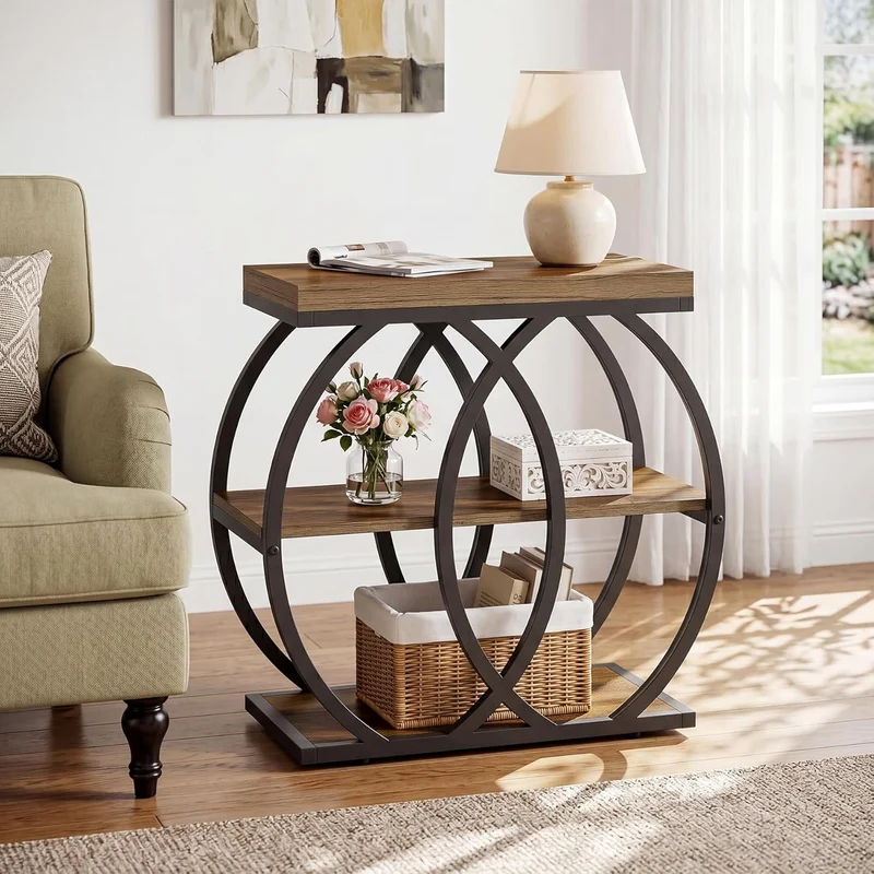 TribesignsTable d'appoint à 3 niveaux en bois, 60 x 65 x 30 cm, Table basse étroite de style rustique avec rangement