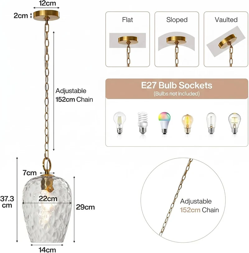 Tribesigns Suspension avec abat-jour en verre martelé, Hauteur réglable jusqu'à 152 cm, diamètre 22 cm, intensité variable, lampe de table à manger, douille E27