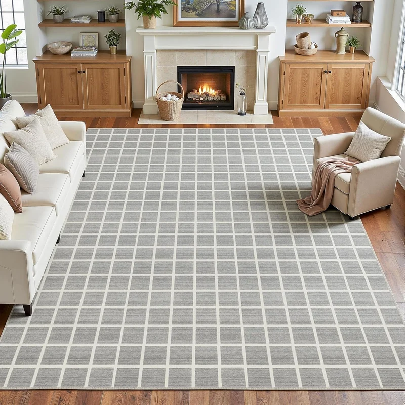 Tribesigns Tapis à carreaux modernes et poils courts, lavable, antidérapant et doux, Certifié Oeko-Tex, gris & beige