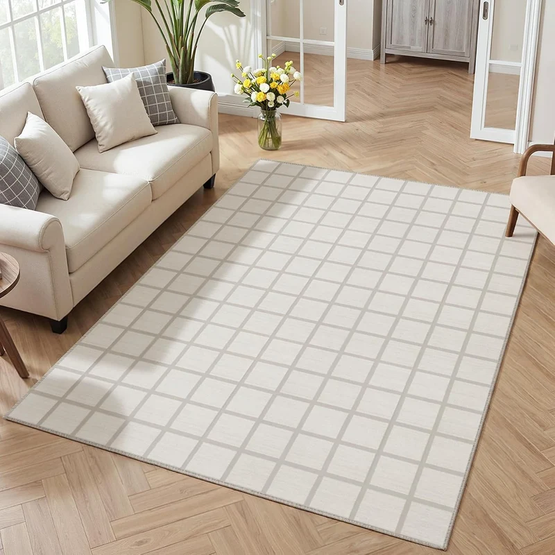 Tribesigns Tapis à carreaux modernes et poils courts, lavable, antidérapant et doux, Certifié Oeko-Tex, gris & beige