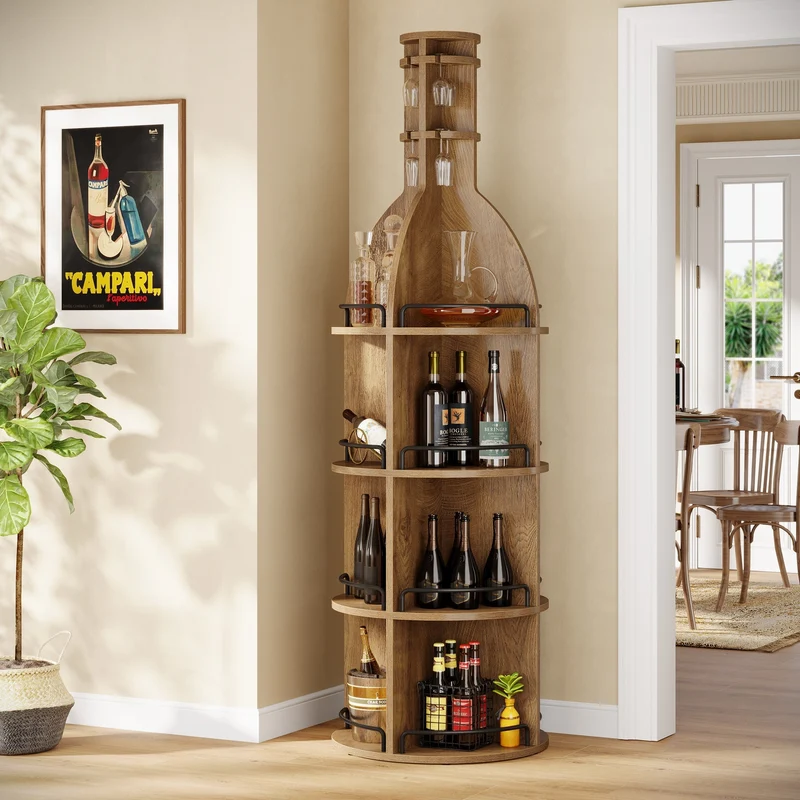 Casier à vin de 190 cm de haut avec étagères de rangement, Meuble à vin rond de style industriel avec porte-verres
