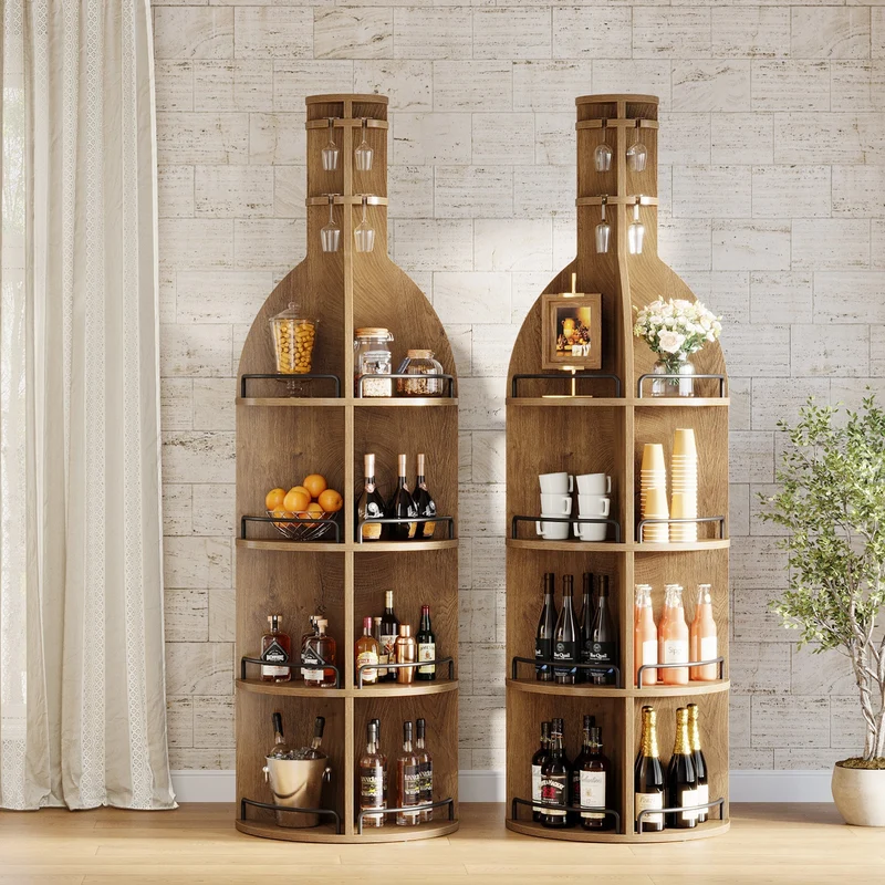 Casier à vin de 190 cm de haut avec étagères de rangement, Meuble à vin rond de style industriel avec porte-verres