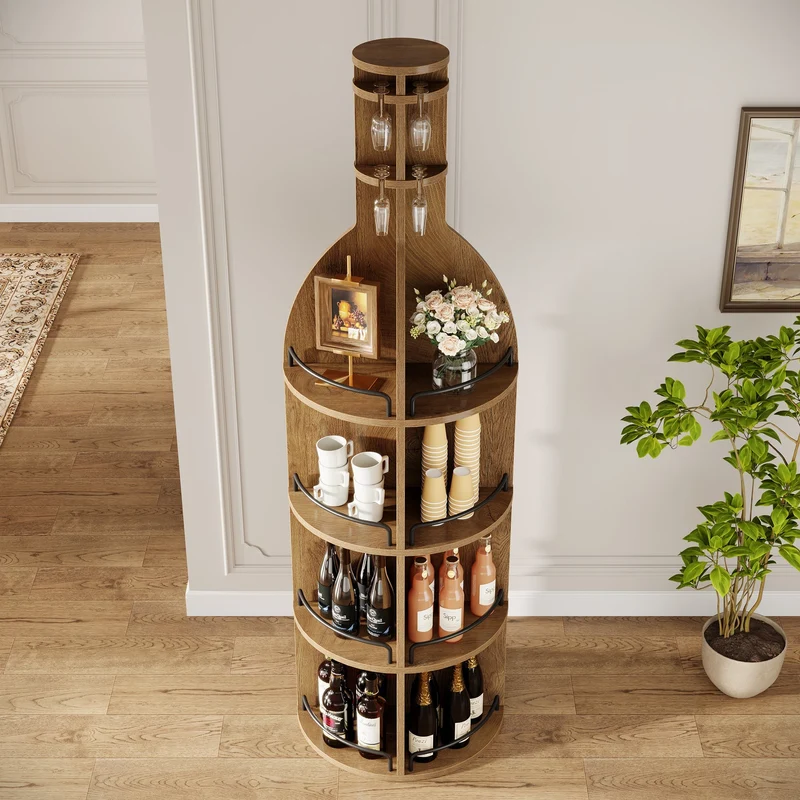 Casier à vin de 190 cm de haut avec étagères de rangement, Meuble à vin rond de style industriel avec porte-verres