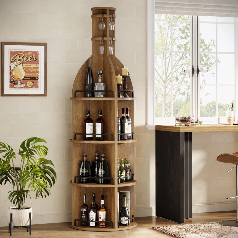 Casier à vin de 190 cm de haut avec étagères de rangement, Meuble à vin rond de style industriel avec porte-verres