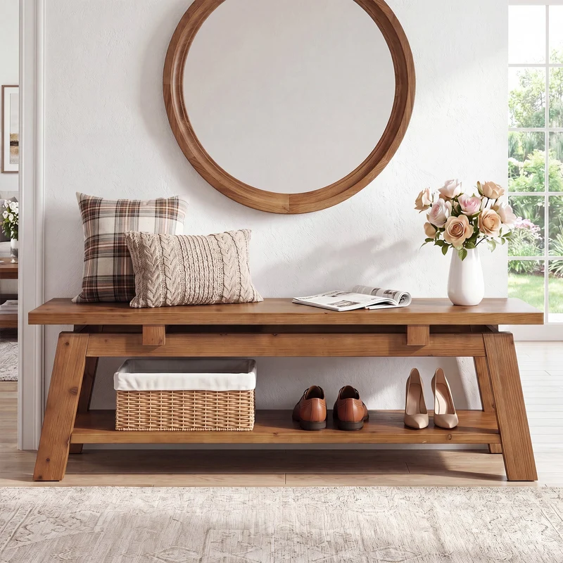 Banc en bois massif de 140 cm avec étagère à chaussures, Idéal pour l'entrée et la chambre