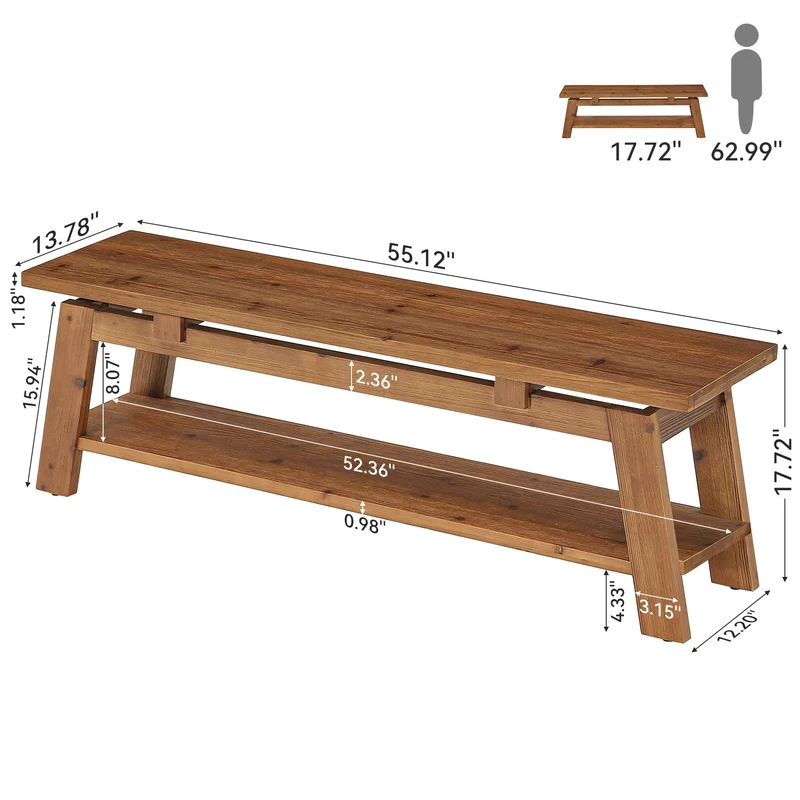 Banc en bois massif de 140 cm avec étagère à chaussures, Idéal pour l'entrée et la chambre