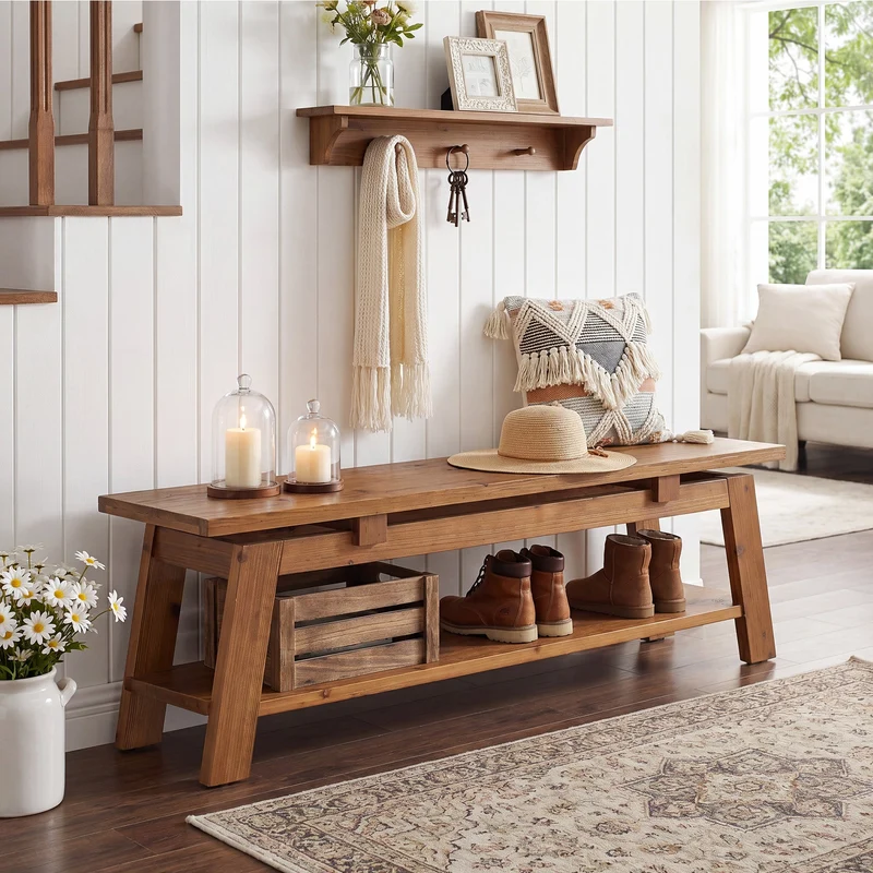 Banc en bois massif de 140 cm avec étagère à chaussures, Idéal pour l'entrée et la chambre