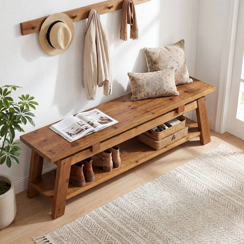 Banc en bois massif de 140 cm avec étagère à chaussures, Idéal pour l'entrée et la chambre