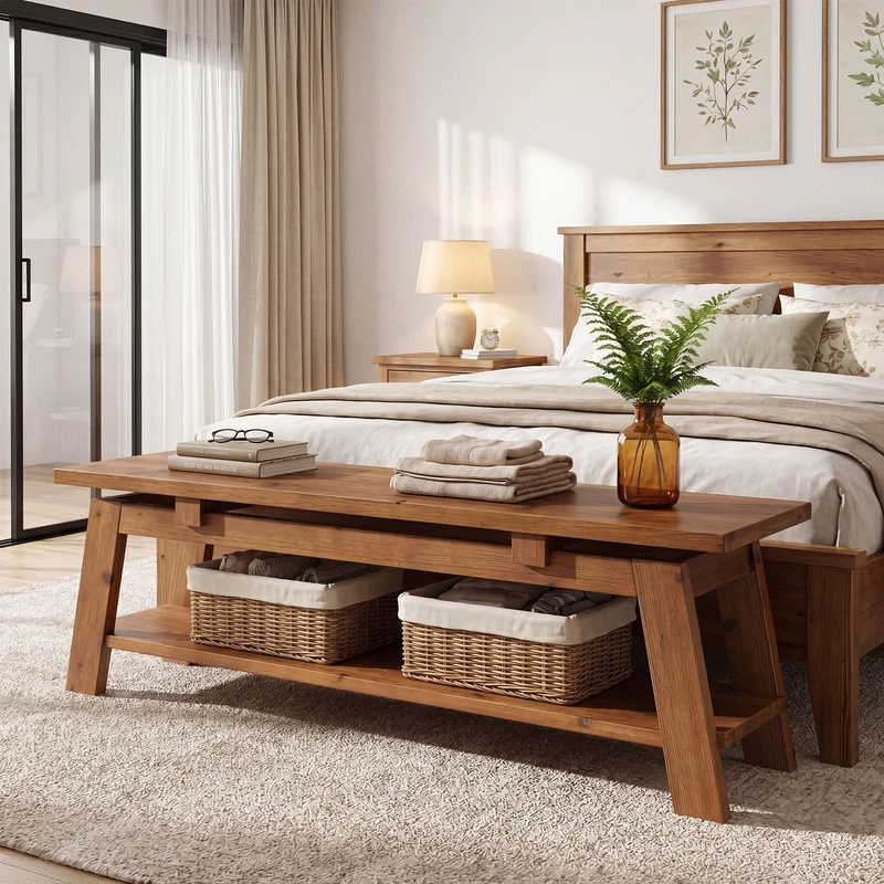 Banc en bois massif de 140 cm avec étagère à chaussures, Idéal pour l'entrée et la chambre