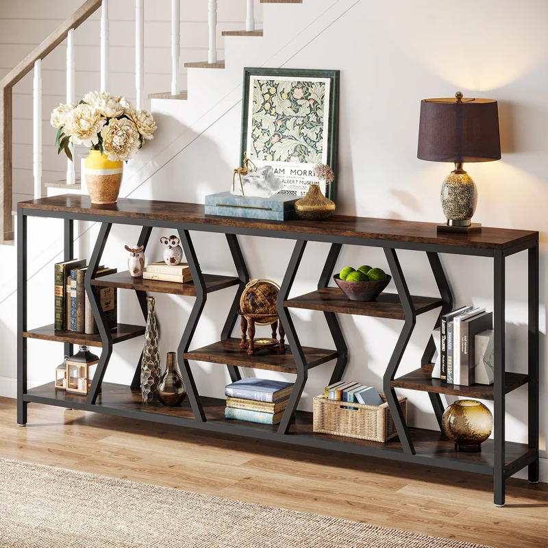 Tribesigns Console de 180 cm avec 4 étagères, Table basse étroite de style industriel champêtre