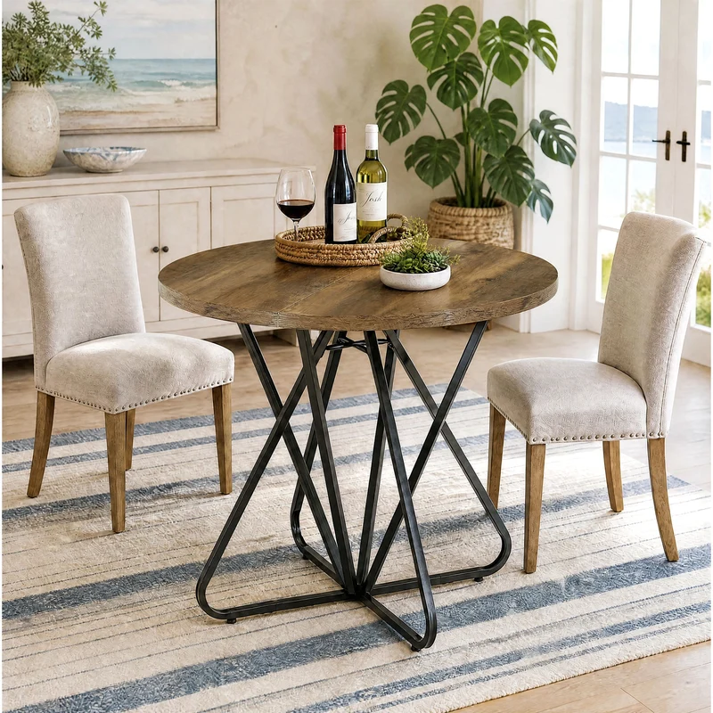 Table de salle à manger ronde 80 cm pour 2 à 4 personnes, Petite table de cuisine avec piètement géométrique en métal
