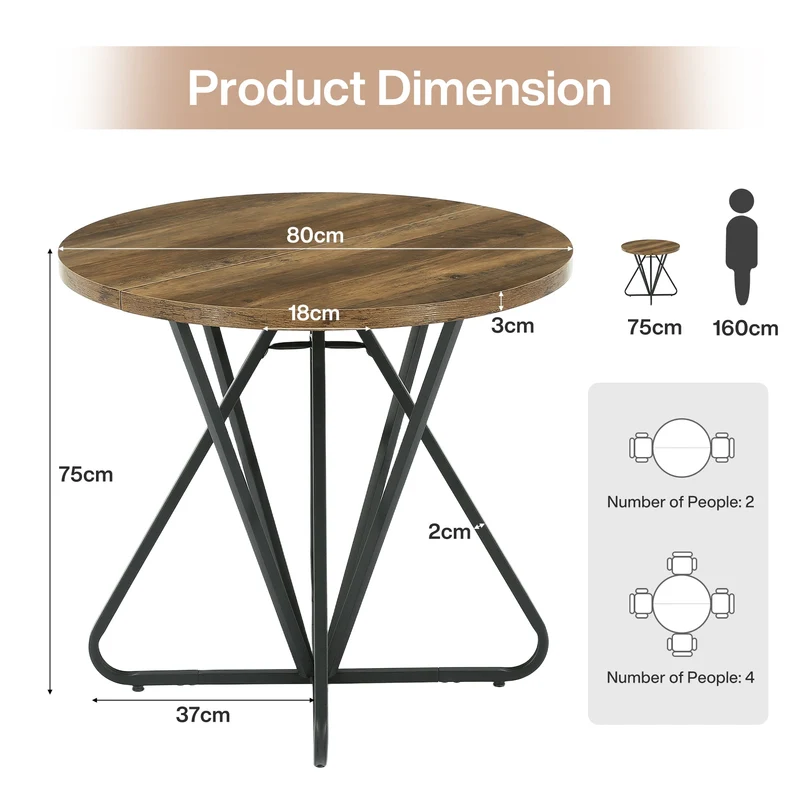 Table de salle à manger ronde 80 cm pour 2 à 4 personnes, Petite table de cuisine avec piètement géométrique en métal