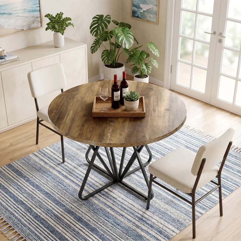 Table de salle à manger ronde 80 cm pour 2 à 4 personnes, Petite table de cuisine avec piètement géométrique en métal