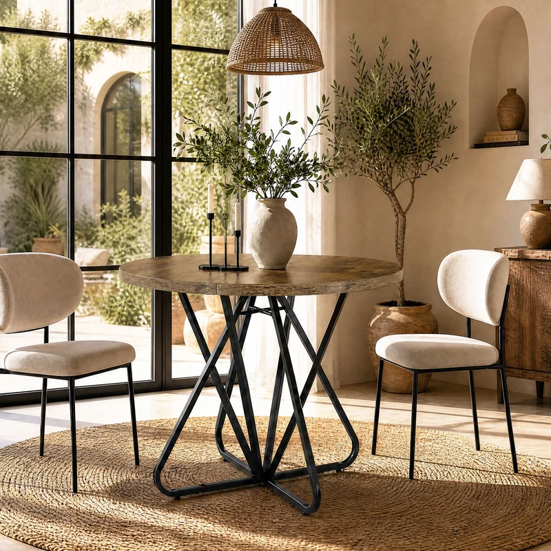 Table de salle à manger ronde 80 cm pour 2 à 4 personnes, Petite table de cuisine avec piètement géométrique en métal