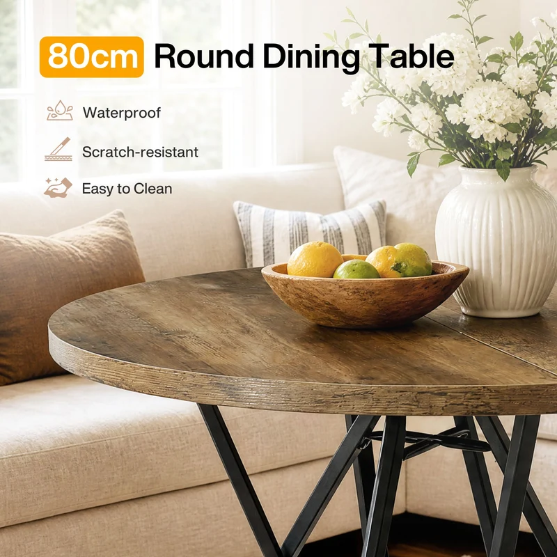 Table de salle à manger ronde 80 cm pour 2 à 4 personnes, Petite table de cuisine avec piètement géométrique en métal