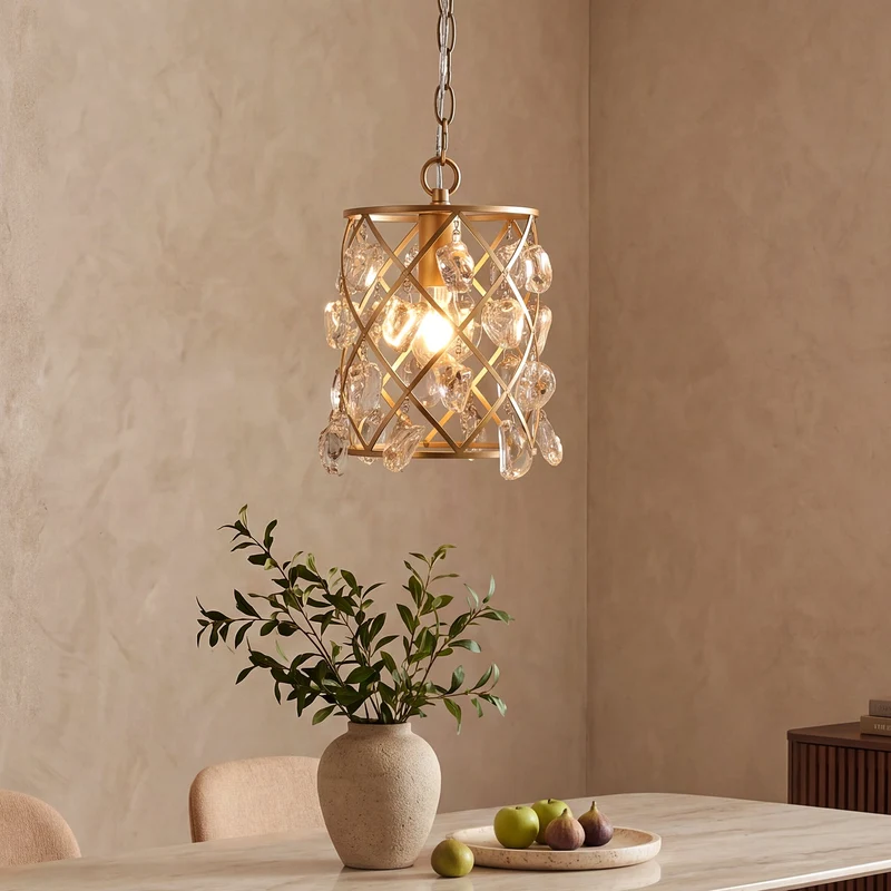 Luminaire suspendu moderne avec cristaux de verre effet vague et douille E27, Suspension dorée 17,5 x 17,5 x 30 cm, pour îlot de cuisine salle à manger et couloir [Classe énergétique E]