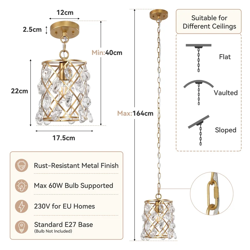 Luminaire suspendu moderne avec cristaux de verre effet vague et douille E27, Suspension dorée 17,5 x 17,5 x 30 cm, pour îlot de cuisine salle à manger et couloir [Classe énergétique E]