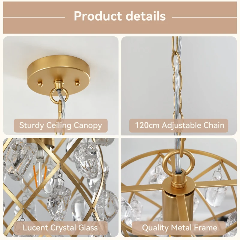 Luminaire suspendu moderne avec cristaux de verre effet vague et douille E27, Suspension dorée 17,5 x 17,5 x 30 cm, pour îlot de cuisine salle à manger et couloir [Classe énergétique E]