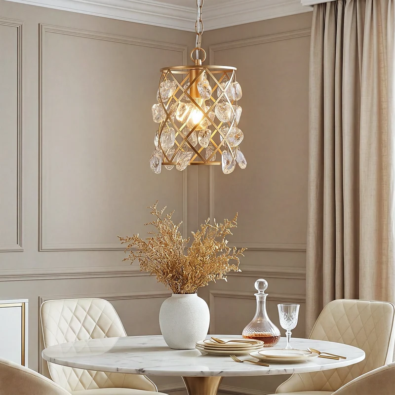 Luminaire suspendu moderne avec cristaux de verre effet vague et douille E27, Suspension dorée 17,5 x 17,5 x 30 cm, pour îlot de cuisine salle à manger et couloir [Classe énergétique E]