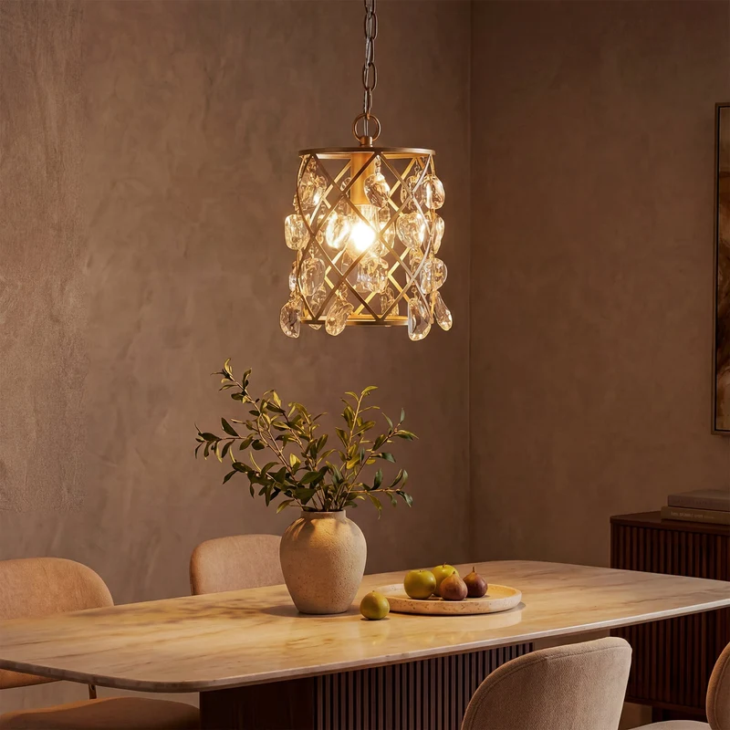 Luminaire suspendu moderne avec cristaux de verre effet vague et douille E27, Suspension dorée 17,5 x 17,5 x 30 cm, pour îlot de cuisine salle à manger et couloir [Classe énergétique E]