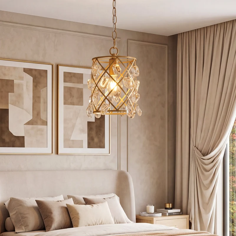 Luminaire suspendu moderne avec cristaux de verre effet vague et douille E27, Suspension dorée 17,5 x 17,5 x 30 cm, pour îlot de cuisine salle à manger et couloir [Classe énergétique E]