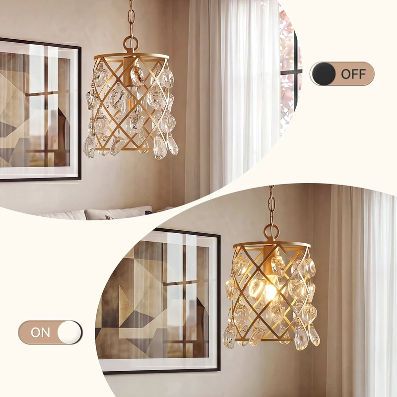 Luminaire suspendu moderne avec cristaux de verre effet vague et douille E27, Suspension dorée 17,5 x 17,5 x 30 cm, pour îlot de cuisine salle à manger et couloir [Classe énergétique E]