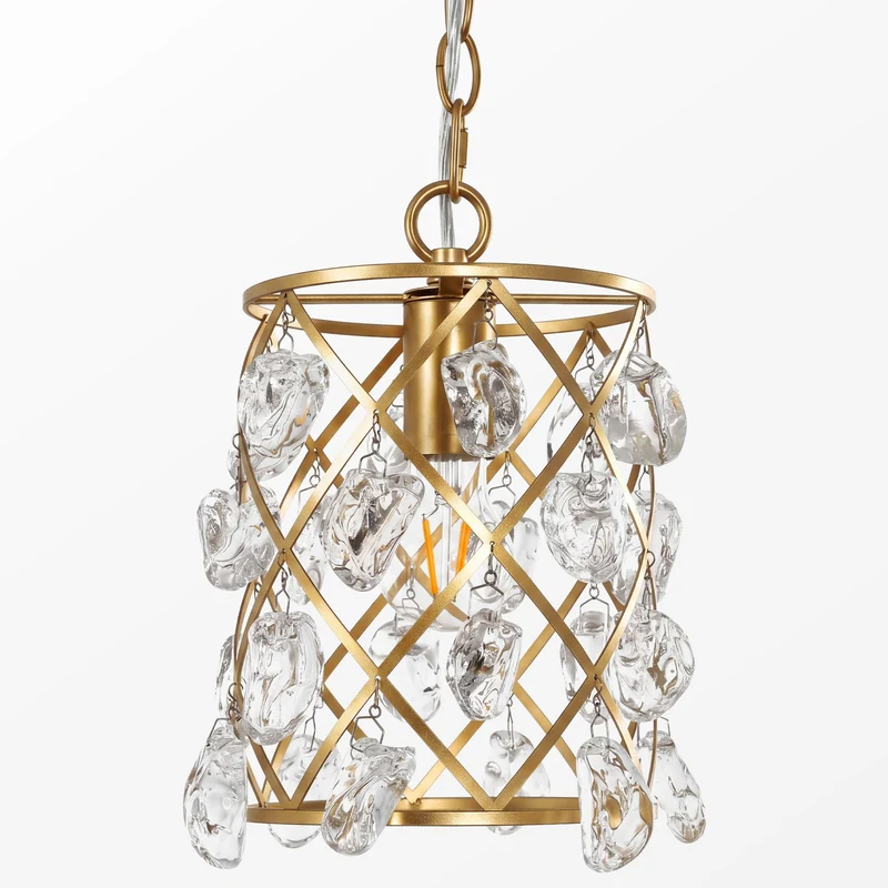 Luminaire suspendu moderne avec cristaux de verre effet vague et douille E27, Suspension dorée 17,5 x 17,5 x 30 cm, pour îlot de cuisine salle à manger et couloir [Classe énergétique E]