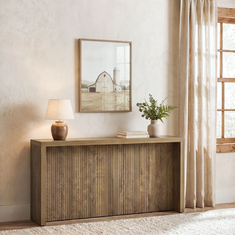 Console rustique de 160 cm, Table d'entrée en bois avec motif côtelé pour couloir