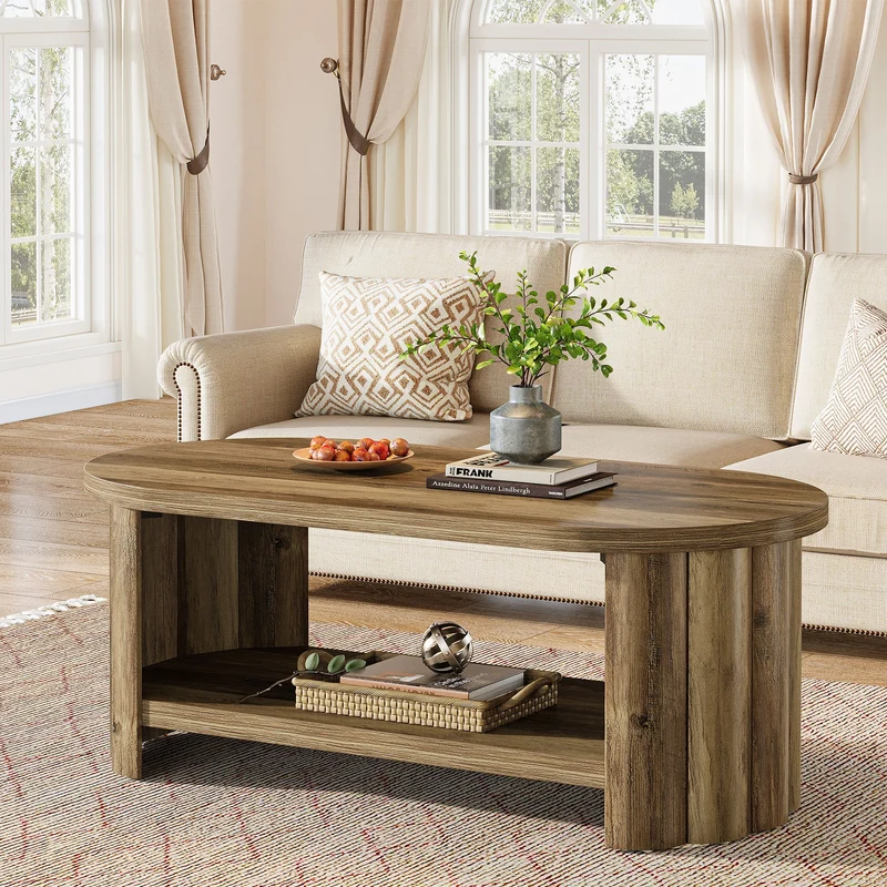 Tribesigns Table basse ovale 120 cm avec compartiment de rangement, Table de salon maison de campagne avec pied rainuré