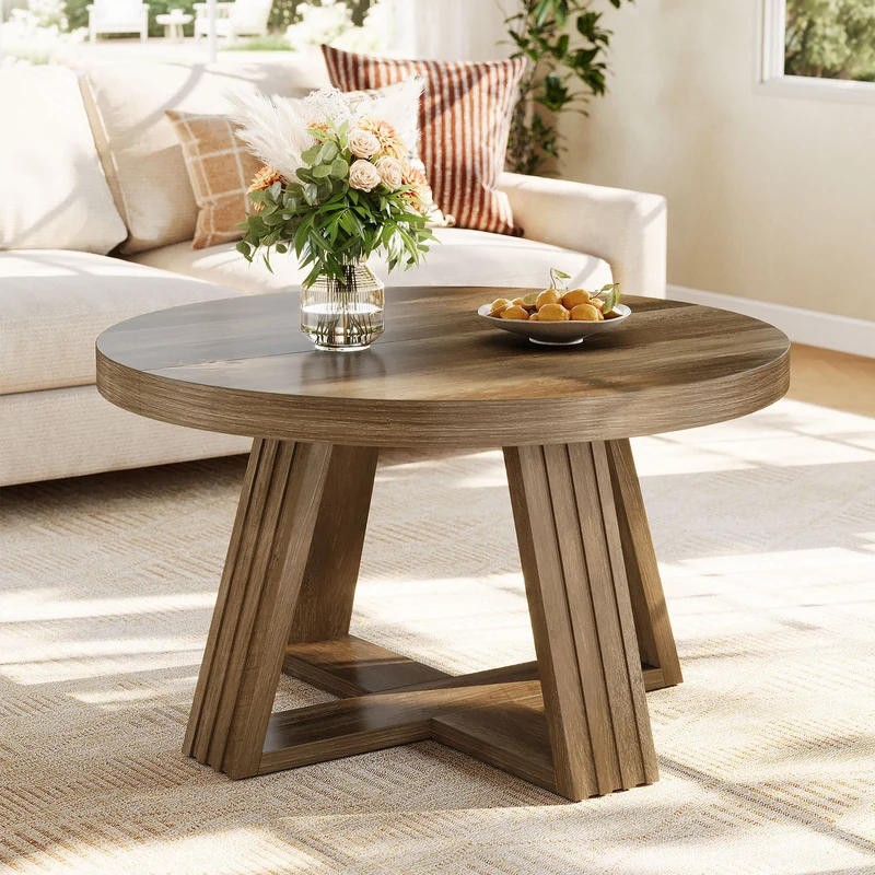 Tribesigns Table basse ronde 80 cm, Style champêtre table de salon avec motif bois et structure en croix