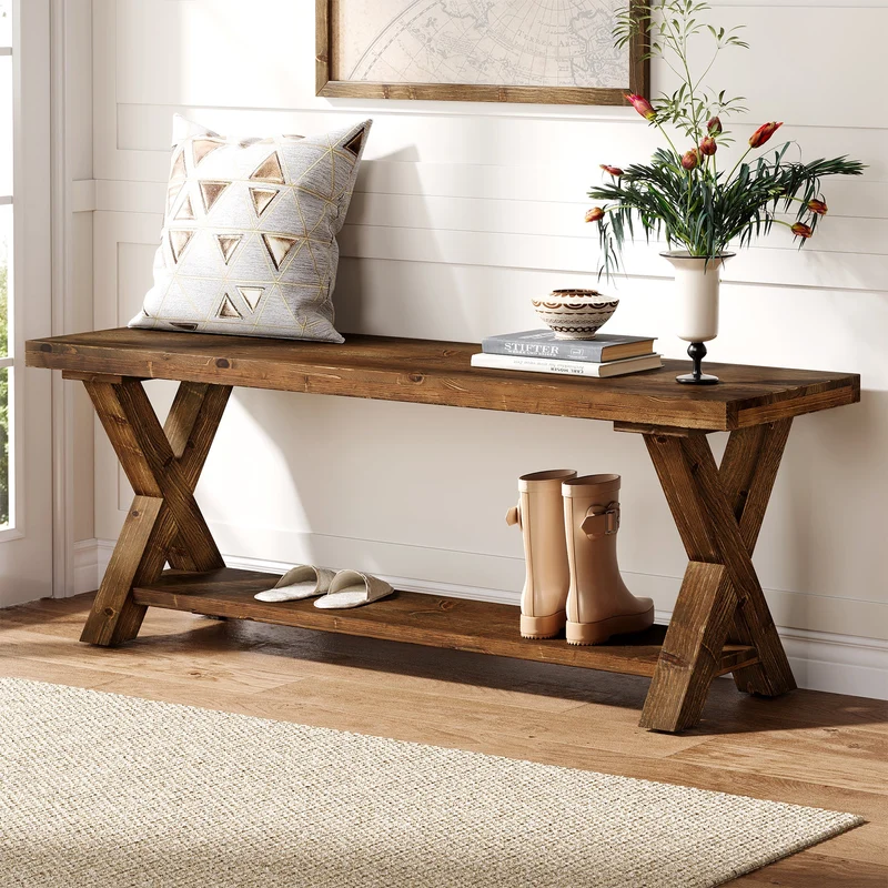 Tribesigns Banc en bois massif de 110 cm avec compartiment de rangement, Banc à chaussures de style campagnard avec structure en X, couleur marron