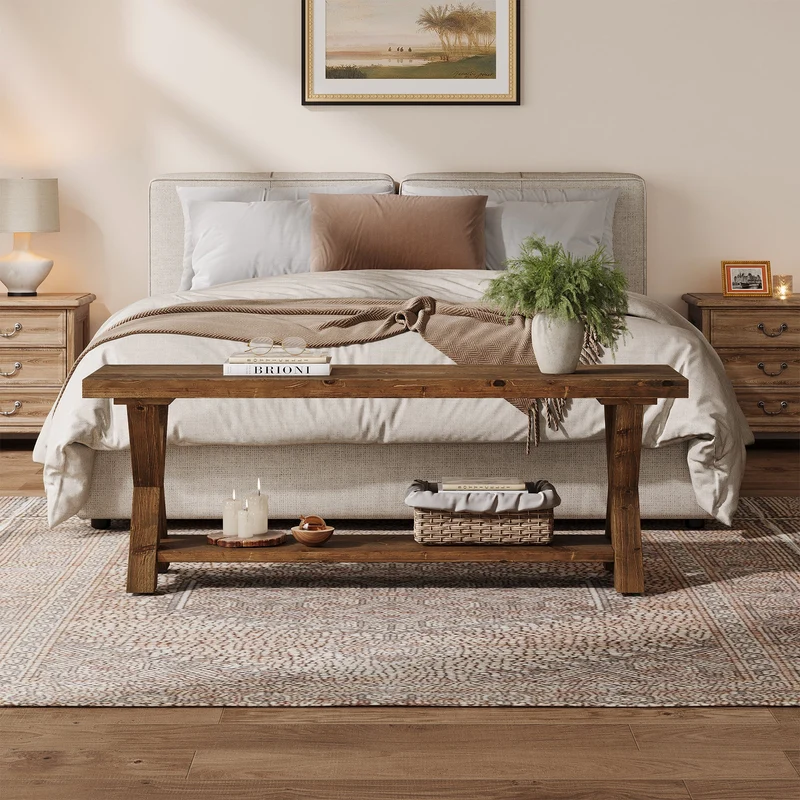 Tribesigns Banc en bois massif de 110 cm avec compartiment de rangement, Banc à chaussures de style campagnard avec structure en X, couleur marron