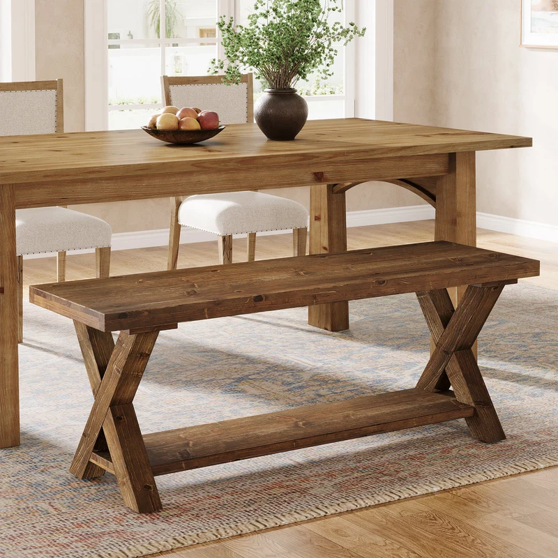 Tribesigns Banc en bois massif de 110 cm avec compartiment de rangement, Banc à chaussures de style campagnard avec structure en X, couleur marron
