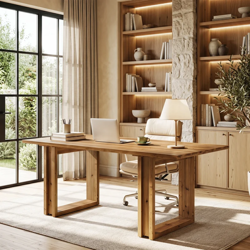 Bureau en bois massif de 160 cm, Grande table de bureau à domicile en bois de sapin Bureau de direction de style champêtre