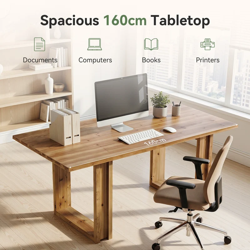 Bureau en bois massif de 160 cm, Grande table de bureau à domicile en bois de sapin Bureau de direction de style champêtre