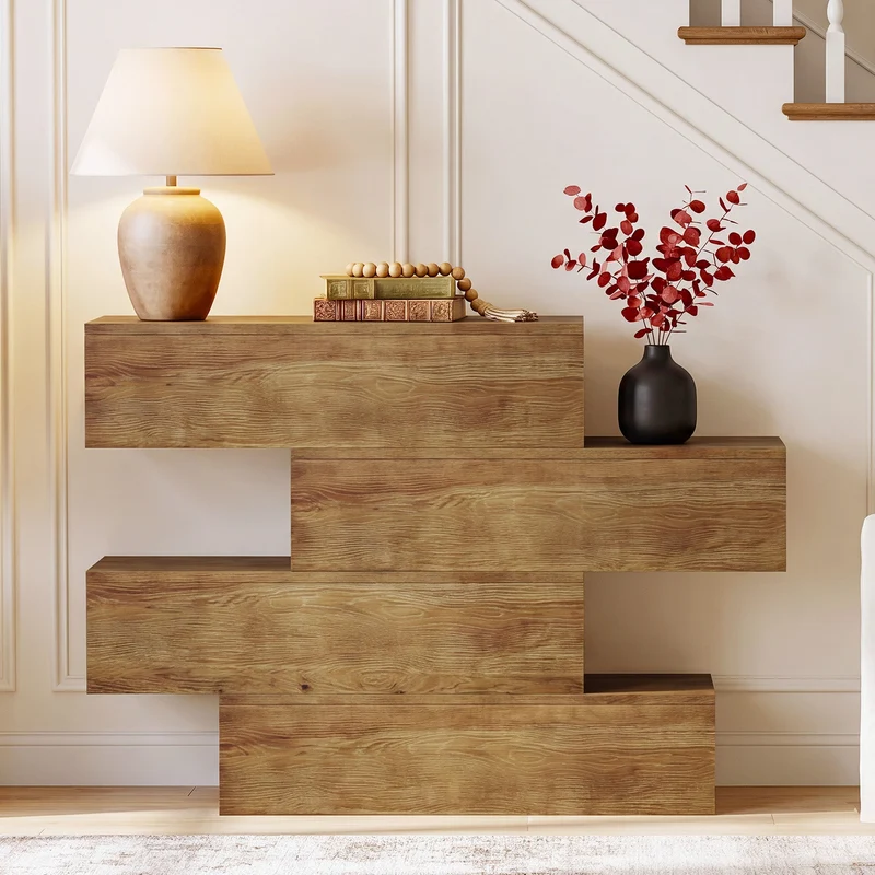 Console en bois massif de 110 cm avec 4 étagères, Table d'entrée étroite de style champêtre