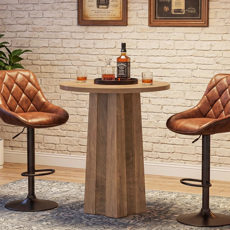 Table de bar ronde de 80 cm avec pied central rainuré, Table de bistrot moderne à hauteur de comptoir