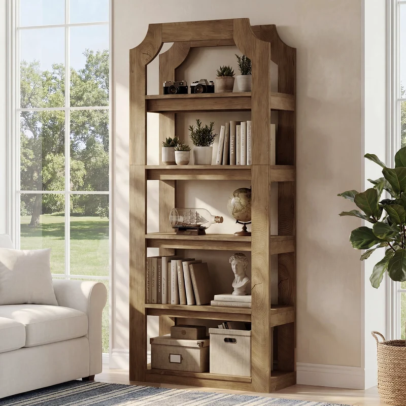 Bibliothèque de style campagnard à 5 niveaux d'une hauteur de 180 cm, Étagère robuste et autoportante pour le salon, le bureau et la chambre
