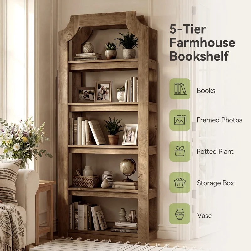 Bibliothèque de style campagnard à 5 niveaux d'une hauteur de 180 cm, Étagère robuste et autoportante pour le salon, le bureau et la chambre