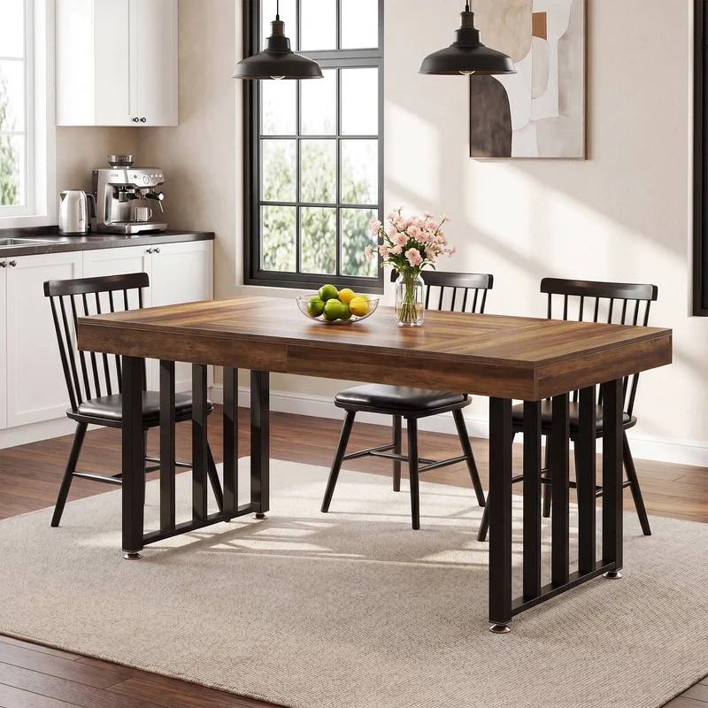 Table à manger 140 cm pour 4 personnes, Table de cuisine rectangulaire avec pieds en métal robustes