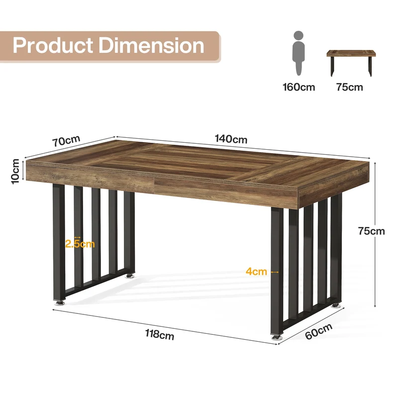 Table à manger 140 cm pour 4 personnes, Table de cuisine rectangulaire avec pieds en métal robustes