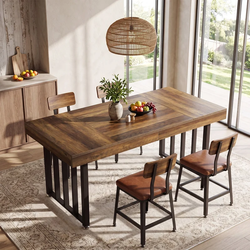 Table à manger 140 cm pour 4 personnes, Table de cuisine rectangulaire avec pieds en métal robustes