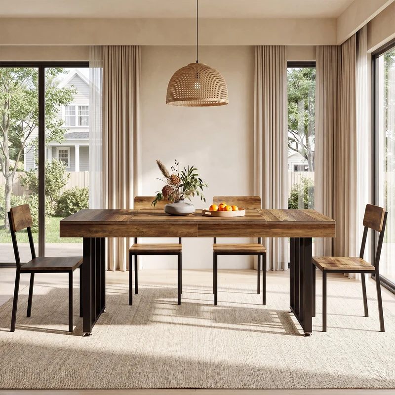 Table à manger 140 cm pour 4 personnes, Table de cuisine rectangulaire avec pieds en métal robustes