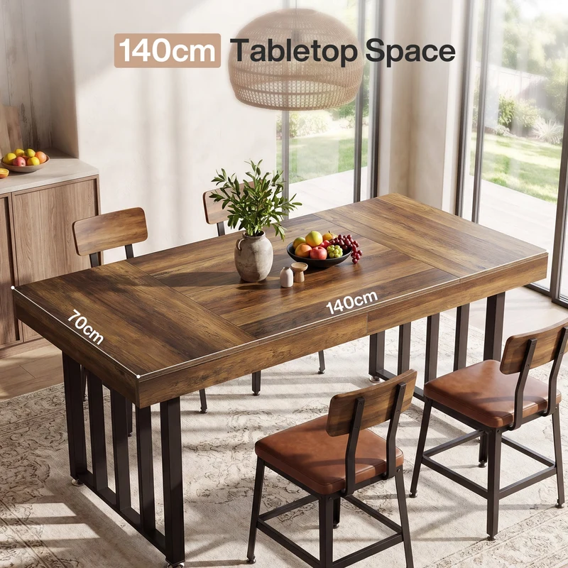 Table à manger 140 cm pour 4 personnes, Table de cuisine rectangulaire avec pieds en métal robustes