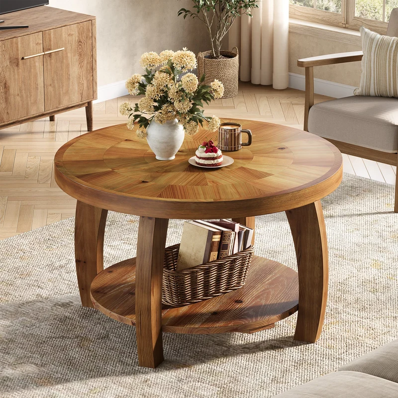 Table basse ronde de 80 cm en bois massif, Table d'appoint à deux niveaux avec motif mosaïque et étagère inférieure
