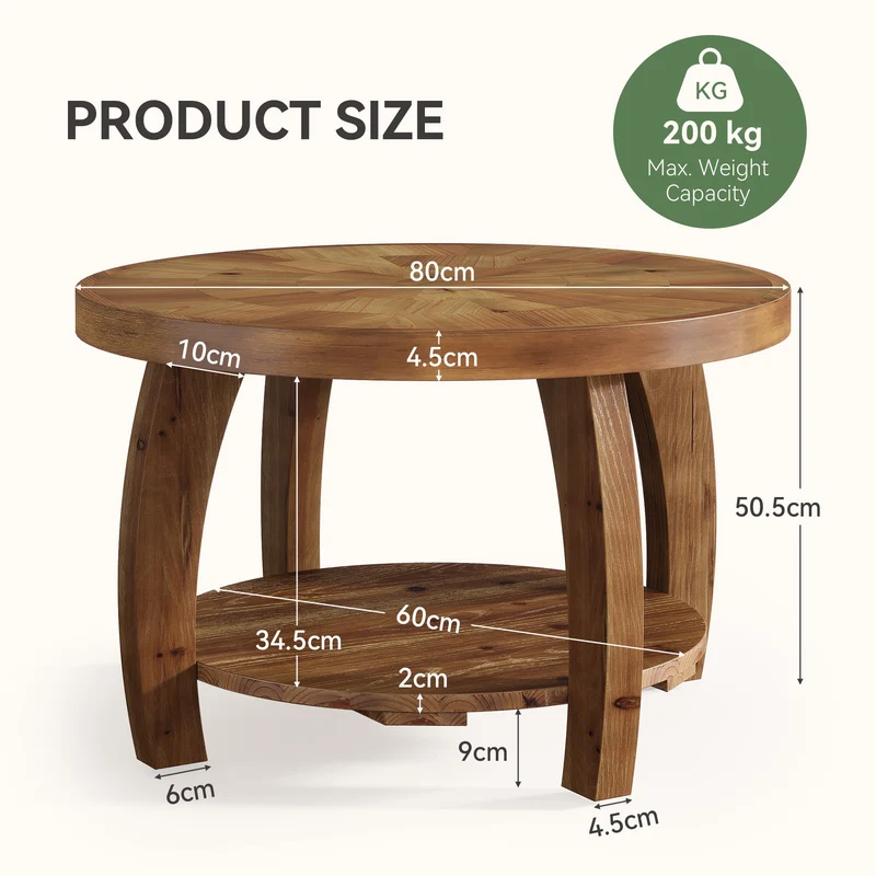 Table basse ronde de 80 cm en bois massif, Table d'appoint à deux niveaux avec motif mosaïque et étagère inférieure