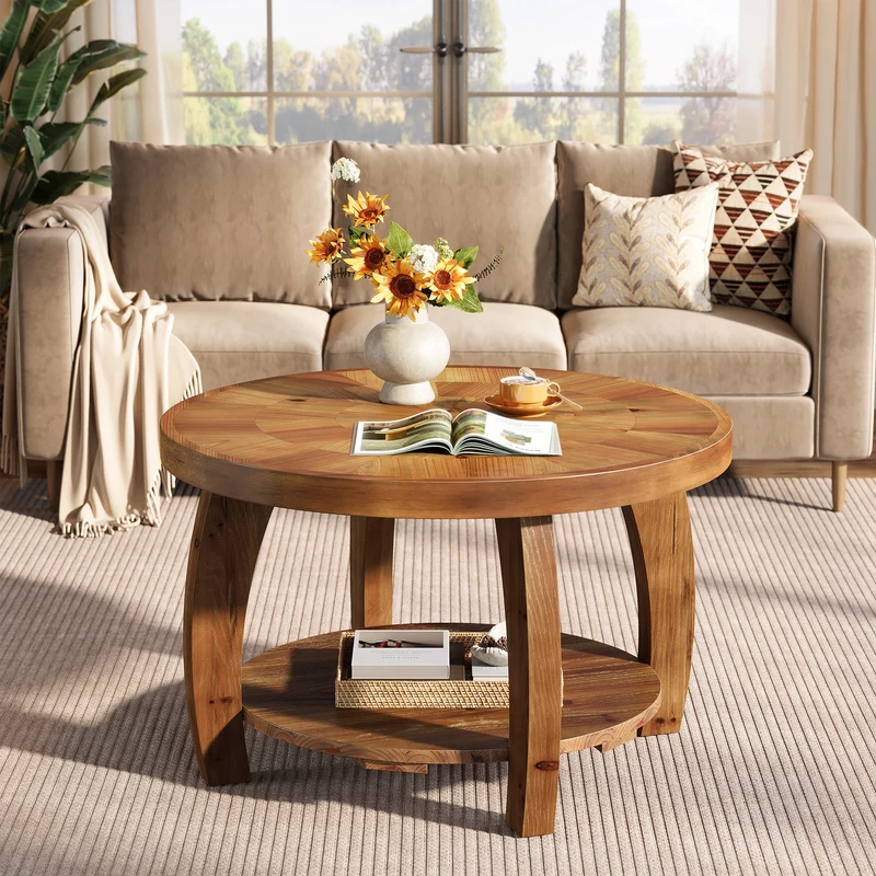 Table basse ronde de 80 cm en bois massif, Table d'appoint à deux niveaux avec motif mosaïque et étagère inférieure