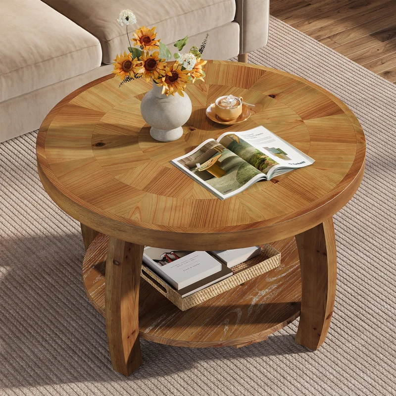 Table basse ronde de 80 cm en bois massif, Table d'appoint à deux niveaux avec motif mosaïque et étagère inférieure
